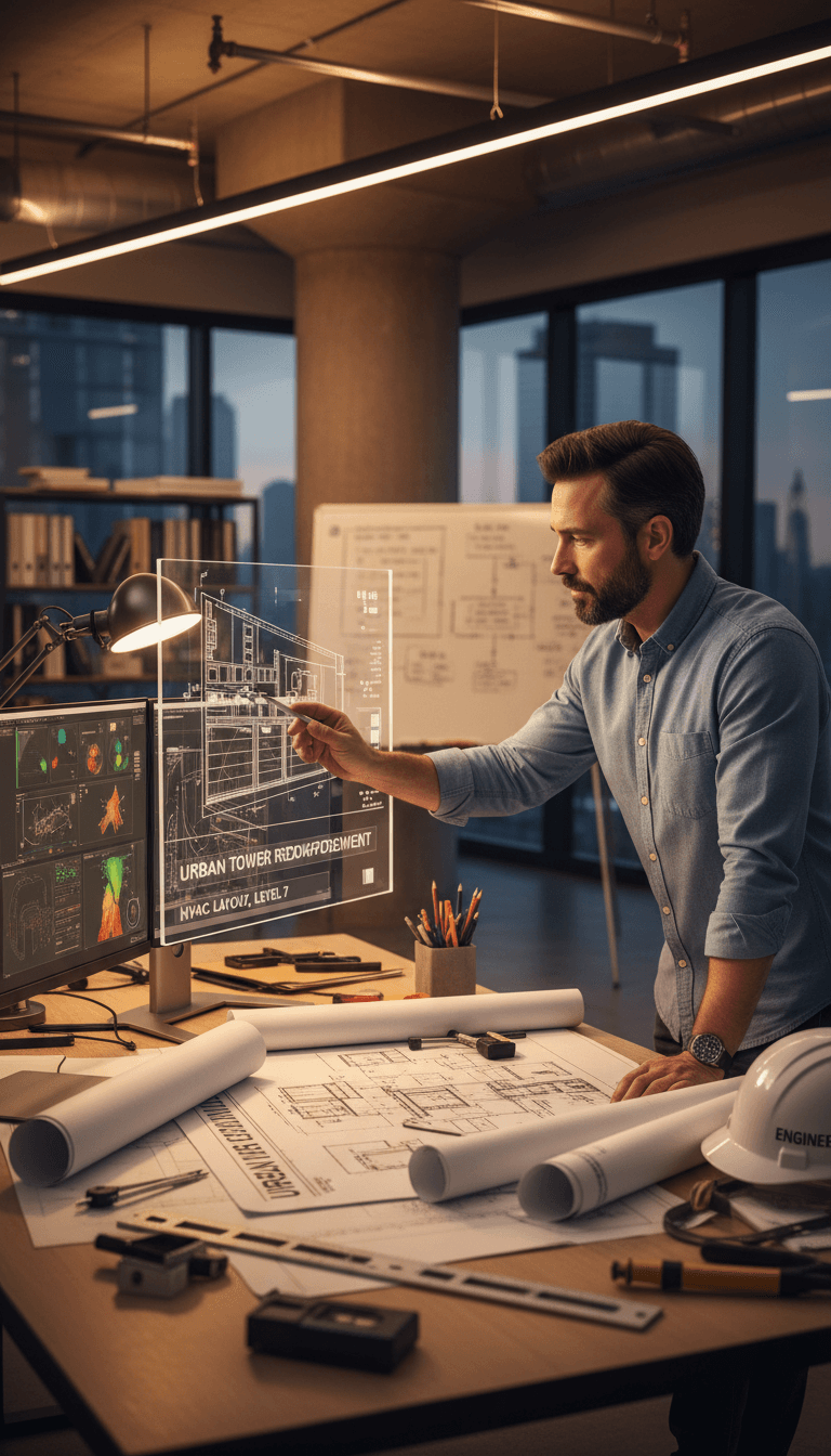 Mechanical engineer reviewing building plans