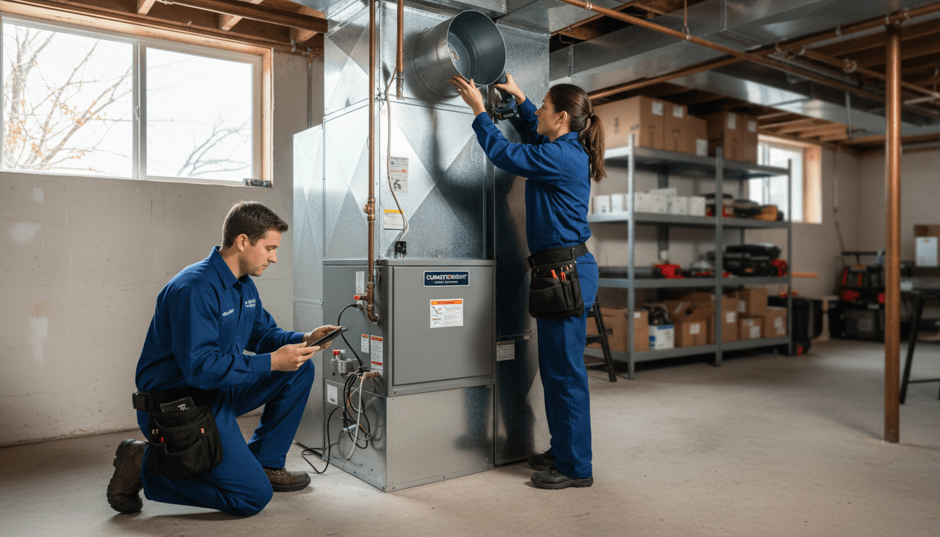 Two HVAC technicians installing large furnace system with ductwork connections in residential basement workspace
